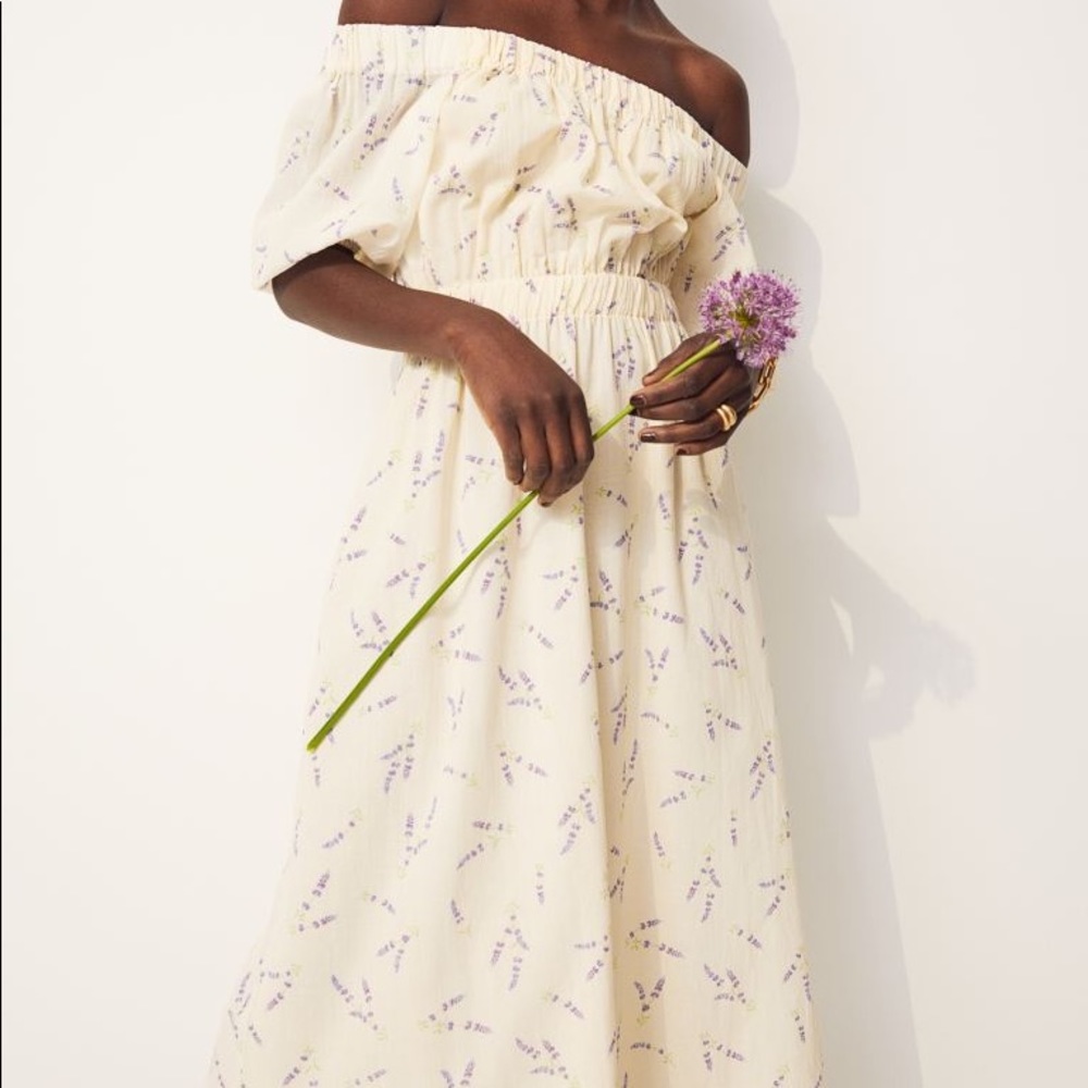 H&M Off-Shoulder Cream Dress with Purple Floral Print